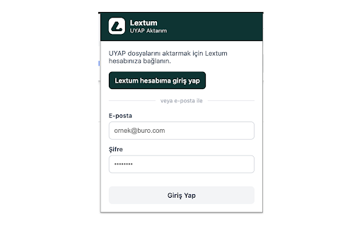 Lextum UYAP Entegrasyonu :: UYAP Avukat Portalı'ndaki dosyaları tek tıkla Lextum'a proje olarak aktarın.