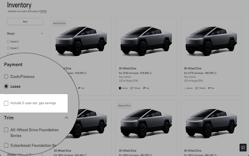 Tesla Website Savings and Incentive Checkbox Automatic Deselector :: Automatically deselects 'Include 5-year est. gas savings' and 'Include $7,500 Federal Tax Credit' on the Tesla US website.