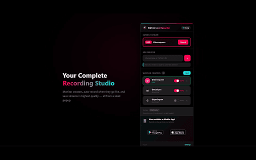 DanceTok Live Recorder :: Record TikTok, Twitch, Kick, & Douyin live streams automatically. Monitor creators, auto-record in the background, and save locally.