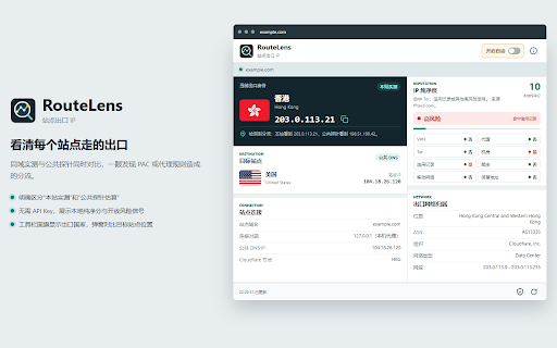 RouteLens - 站点出口 IP :: 在工具栏显示当前网站的出口国家,并检查出口 IP、风险信号与站点连接信息。