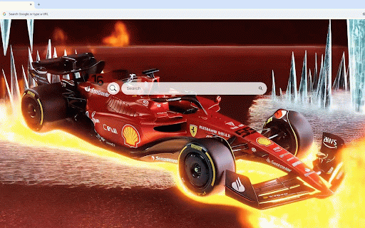 Ferrari F1 Car Live Wallpaper :: Ferrari F1 car with flaming wheels against dramatic backdrop of fire and ice contrasting elements.