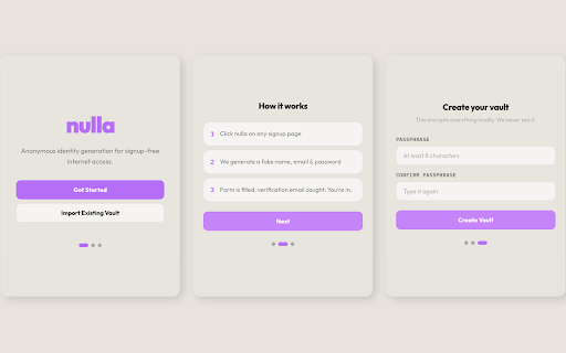 nulla :: One-click anonymous signups. Generate fake identities, catch verification emails, auto-verify — all locally encrypted.