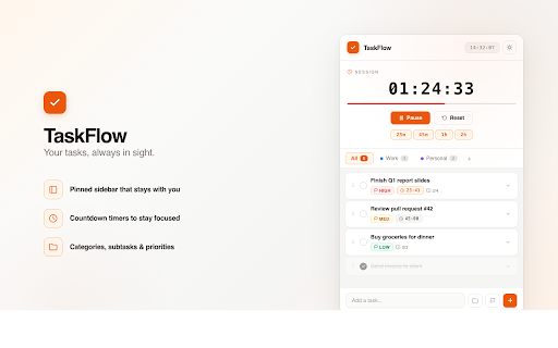 TaskFlow :: Pinned sidebar task manager with countdown timers