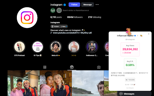 Influencer Hunter :: Automatically identify TikTok/YouTube/Instagram influencer homepage, automatically calculate average views and engagement rates.
