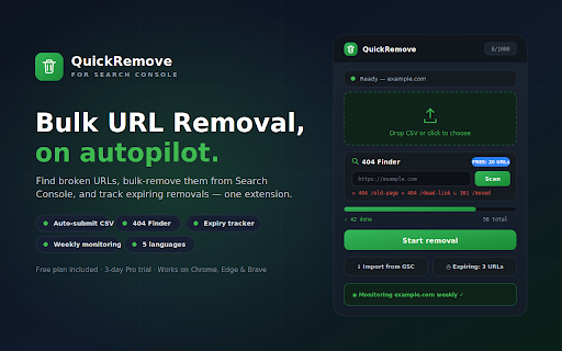 QuickRemove — Bulk URL Removal for Search Console :: Bulk-remove URLs from Google Search Console. Upload a CSV, auto-submit every removal request. Prefix mode, retry & CSV export.
