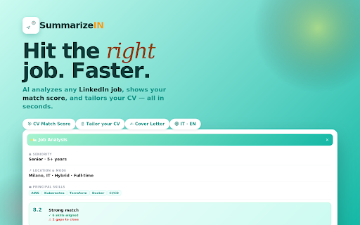 SummarizeIN — AI Job Analyzer for LinkedIn :: Analyze LinkedIn jobs in seconds with AI. Get match score with your CV, optimize your resume, generate cover letters.
