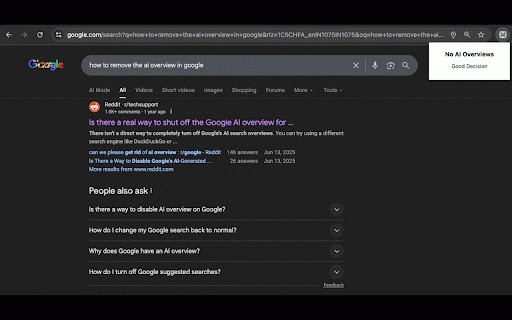No AI Overviews :: No AI Overviews is a Chrome extension that removes AI overviews from Google Search.