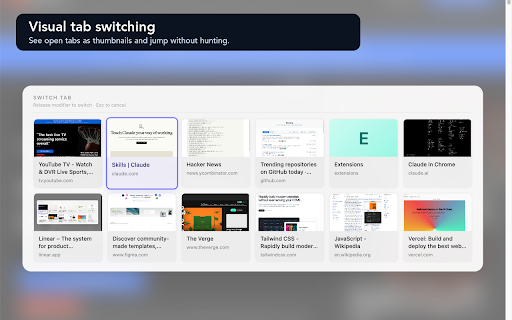TabGlance - Visual Tab Switcher :: Keyboard visual tab switcher: thumbnail previews, MRU order, instant search, and one-key quick swap. Switch tabs by sight.