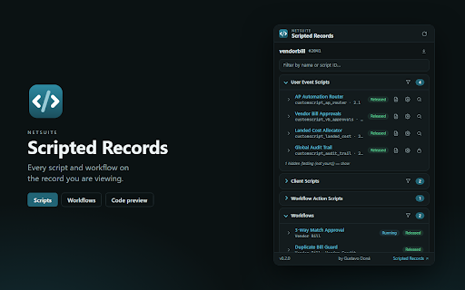 NetSuite Scripted Records :: See every script and workflow deployed on the NetSuite record you're viewing.