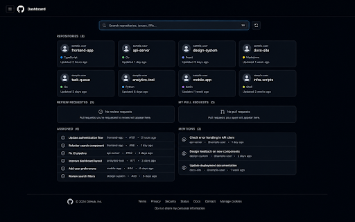 Better GitHub Dashboard :: GitHubのダッシュボードによく使うリポジトリ・担当Issue/PR・検索バーを追加し、GitHub内ならどこでもCmd+Kで検索ランチャーを開ける拡張機能