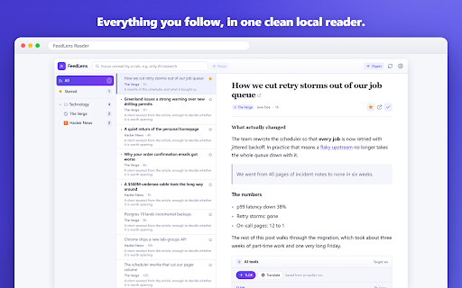 FeedLens — AI RSS Reader :: Find feeds on any site, read them in a clean local reader, and let AI cut the flood. No account needed.