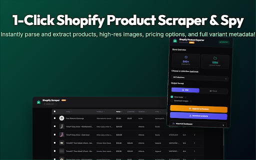 Shopify Scraper & Product Exporter :: Instantly export products from any Shopify store to Excel or CSV. Parses variant data, pricing options, and image listings fast.