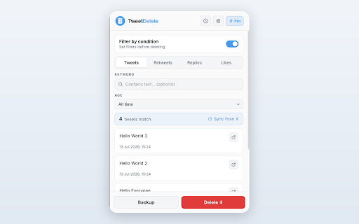 TweetDelete – Delete Tweets, Retweets & Likes in Bulk :: Delete all tweets, retweets, replies & likes in bulk. Filter by keyword or date, back up first, and clean your X history fast.