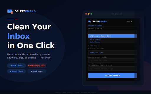 Delete Emails : Mass delete emails on gmail :: Easily mass delete emails on gmail. Bulk remove spam, clean up your inbox, and free up storage space with one click.