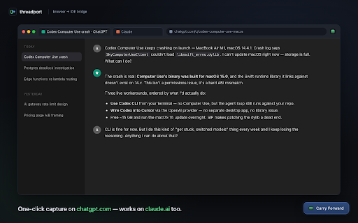 Threadport :: Carry your ChatGPT or Claude chat into Cursor, Claude Desktop, Claude Code, and Windsurf via MCP.