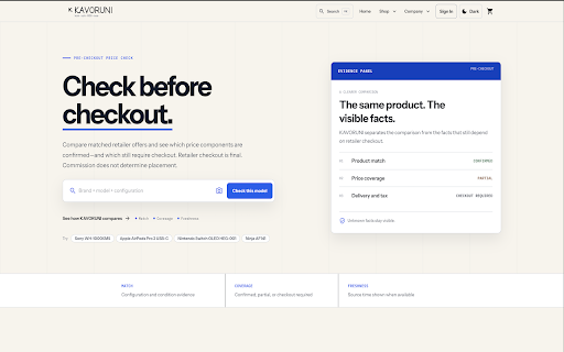 KAVORUNI — Check Before Checkout :: Check matched, lower item-price offers on supported product pages. Shipping, tax, stock, and final total require retailer checkout.