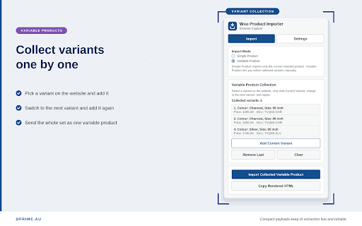 Dprime Woo Product Importer :: Capture product pages from any website and send them to WooCommerce through the Dprime Woo Product Importer plugin.