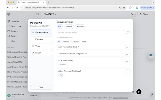 PowerKit for ChatGPT :: Organize conversations, save and reuse prompts, use voice tools, and export chats faster inside ChatGPT.