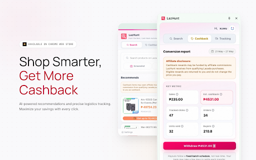 LazHunt :: Find Lazada products, cashback rewards, and order tracking. Affiliate links may return eligible cashback to users.