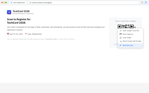 QR Code Reader :: Right-click any image to instantly decode its QR code. Works offline, no uploads, fully private.