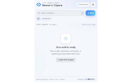Devnoric Clipora :: Save, organize, sync, and copy your reusable text snippets in one click.