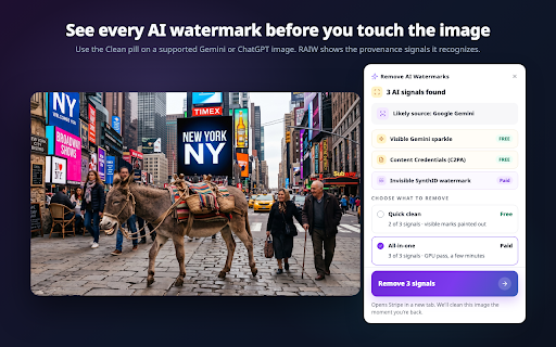 AI Watermark Remover: SynthID & Gemini :: Remove supported AI watermarks and metadata. Use Clean or right-click images you own, then choose visible or SynthID removal.