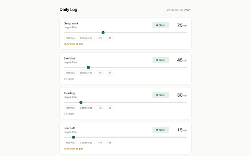 Daily Log :: Track daily goals with one-tap timers, a year-long heatmap, a mind map, and searchable 3-year history. All data stays in-browser.