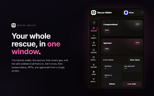 Rescue Wallet :: Recover assets from a compromised EVM wallet using on-chain rescue contracts. A sponsor pays gas; funds go to your safe address.