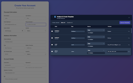 FakerFill :: Auto fill forms with realistic fake data in one click. Test data generator for developers & QA. Powered by Faker.js.
