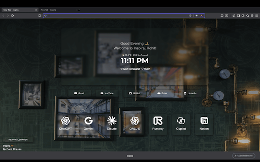 Inspira – Personal New Tab Dashboard AI and More :: Transform your new tab into a personal dashboard with live time, weather, quotes, wallpapers, quick links & top AI tools.