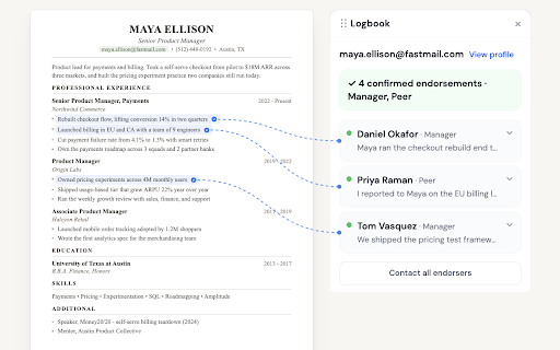 Logbook :: Trust resume claims backed by confirmed endorsements - in Gmail, LinkedIn, and your ATS.