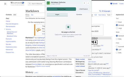 Markdown Collector :: Capture webpages as Markdown and collect them into an exportable workspace.