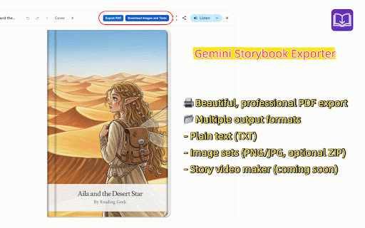 Gemini Storybook Exporter :: Export Gemini Storybook as images, PDF, and story video maker (coming soon).