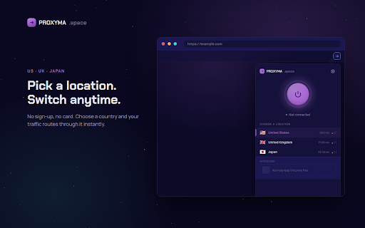 Proxyma — Free Proxy :: Route your browser traffic through a free proxy in the US, UK or Japan. Single purpose: proxy connection only.