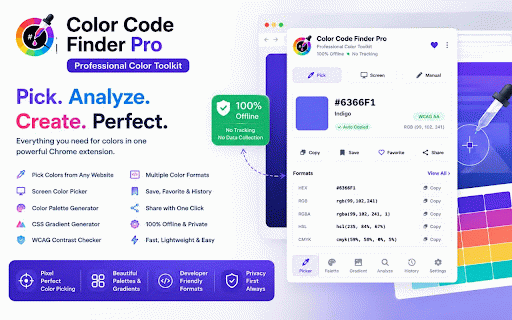 Color Code Finder Pro :: Professional Chrome color picker & HEX code finder to pick website colors, build palettes, CSS gradients & check WCAG contrast.