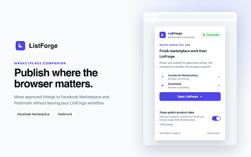 ListForge Marketplace Companion :: Publish ListForge listings to Facebook Marketplace and Poshmark, with optional marketplace research as you browse.