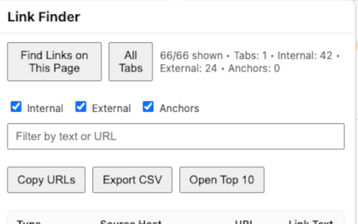 Link Finder :: Finds all website links (internal, external, anchors) on the current page. Excludes image/video/assets.