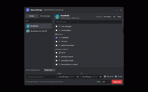 DiscordPurger :: Purge Discord messages from servers or DMs at a safe pace, with live progress and a minimizable overlay.