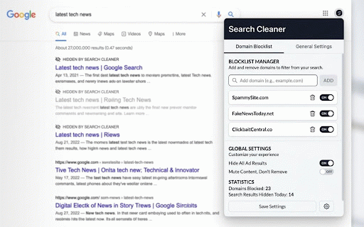 Google Search Result Cleaner :: Hide low-quality sites, SEO spam, and custom domains from Google Search results automatically.