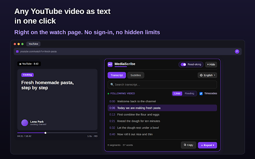 YouTube Transcript — Get Transcript of YouTube Video to Text :: Convert any YouTube video to text and get the youtube transcript — timestamps, search, translate, copy and export to TXT/SRT/VTT.