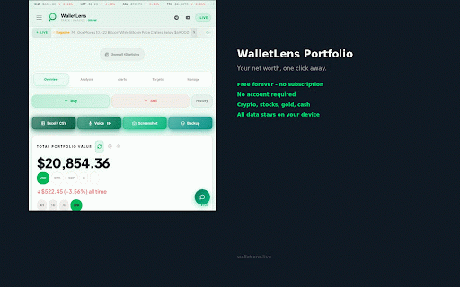 WalletLens Portfolio :: Your whole net worth in your toolbar — crypto, stocks, gold & cash. AI screenshot + voice import. Free, private, no account.