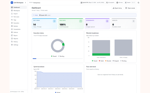 QA Workspace :: A professional browser-native QA execution workspace for manual testers and SDETs. Offline-first.