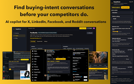 ReplyRadar :: AI-assisted, human-in-the-loop reply generation for visible X, Bluesky, LinkedIn, Facebook, and Reddit conversations.
