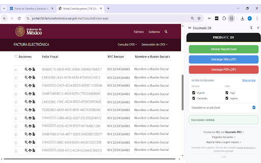 Fiscomatic DX :: Descarga masiva de CFDI del SAT (XMLs y PDFs) con filtros por estado y tipo. Reporte Excel. 100% local, sin registro.