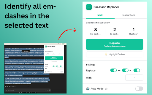 Em-Dash Replacer :: Replace em dashes, en dashes, and other characters in selected text anywhere on the web