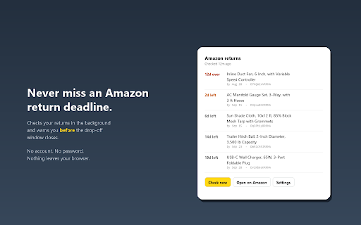 Amazon Return Reminder :: Checks your Amazon returns in the background and warns you before a drop-off deadline passes.