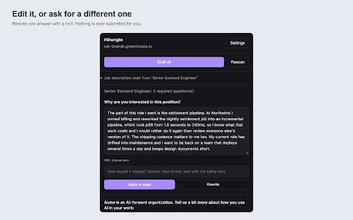 Fillwright :: Drafts the required answers on job applications from your resume and your own context. You approve every one.