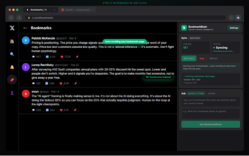 BookmarkBrain :: Chat with your X/Twitter bookmarks and Reddit saved posts using AI.