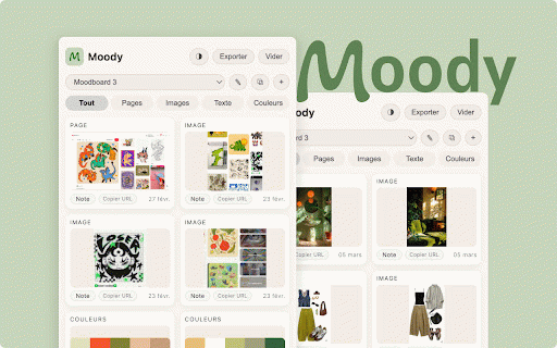 Moody :: Sauvegarde en 1 clic des pages, images et textes pour créer un moodboard visuel sans friction.
