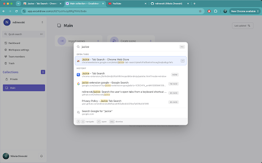 Jazice - Tab Search :: Press Cmd+K (Ctrl+K) to instantly search and jump between your open tabs, or Google anything new.